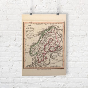 Karte von Skandinavien, die Schweden, Norwegen und die dänischen Inseln um 1798 umfasst. Vintage/Antiker Stil Alte Landkarte Repro Druck/Poster