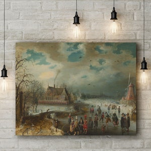 Landscape Canvas Art Print of Adam van Breen: Skating on the Frozen Amstel River.