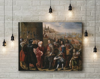 May include: A painting depicting a group of men in historical clothing, standing in front of a city gate. The men are holding swords and shields, and they appear to be in a formal procession. The city in the background is bustling with activity, and there are ships in the harbor.