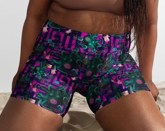Psychedelic Cephalopod Cube of Squids Yoga Shorts by Sauriêl People | High Waist Soft Stretch Fabric | Festival Shorts
