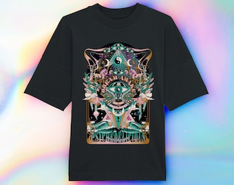 May include: Black t-shirt with a graphic print of a colorful, psychedelic design featuring an eye, wings, and the text "Dream Awake" and "Esoteric Illusion".