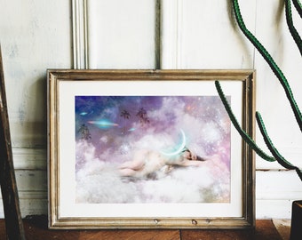 Cloud 9 Giclée Fine Art Sauriêl Print | UFO Moon Goddess Dreaming