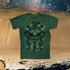 Nazca Line Maze 100% Organic cotton Sauriêl People T-Shirt Boho Festival Trippy Alien Psychedelic Eco Celestial Aztec Bottle Green