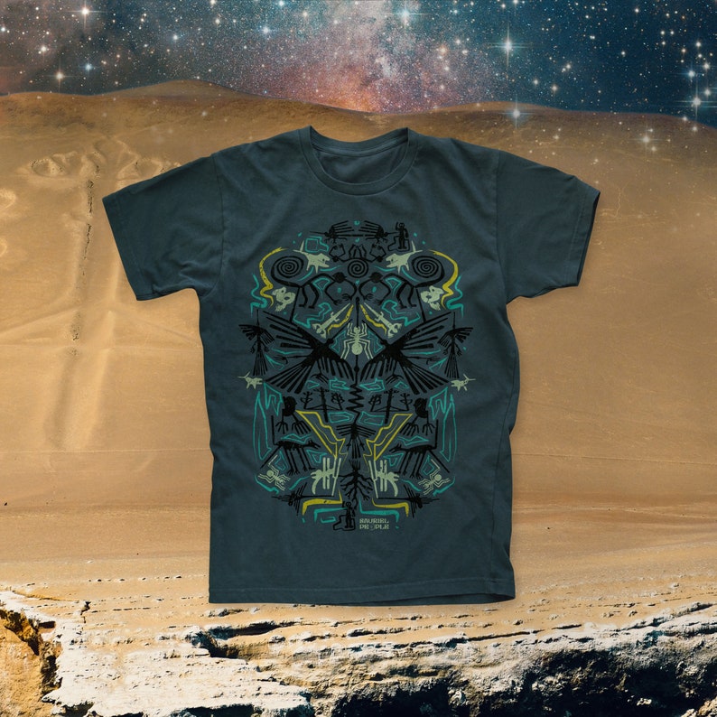 Nazca Line Maze 100% Organic cotton Sauriêl People T-Shirt Boho Festival Trippy Alien Psychedelic Eco Celestial Aztec Stargazer