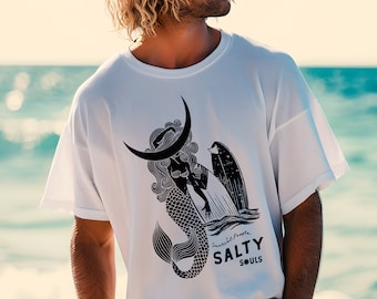 Unisex Salty Souls Mermaid Moon Surf T-shirt by Sauriêl People | Lightweight, Soft Cotton Tee