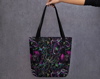 Psychedelic Cephalopod Trippy Tentacles Tote Bag by Sauriêl People | Vibrant Ocean-Inspired Design | Beach Bag