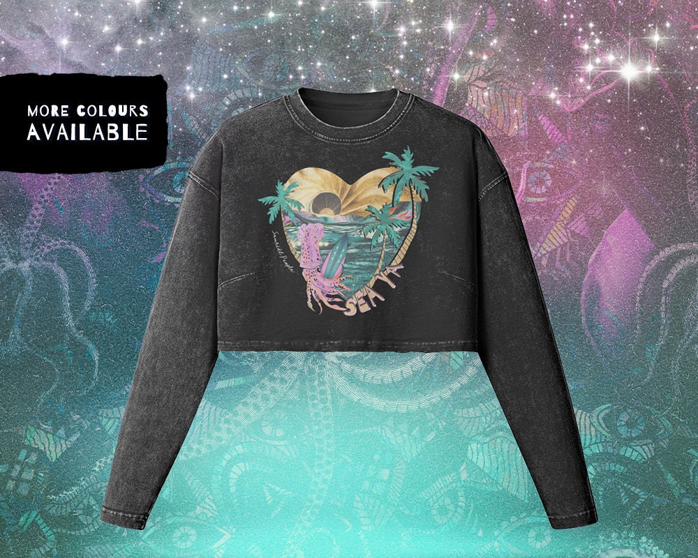 Psychedelic Squid Surfer Crop Top: Long Sleeve Raw Hem