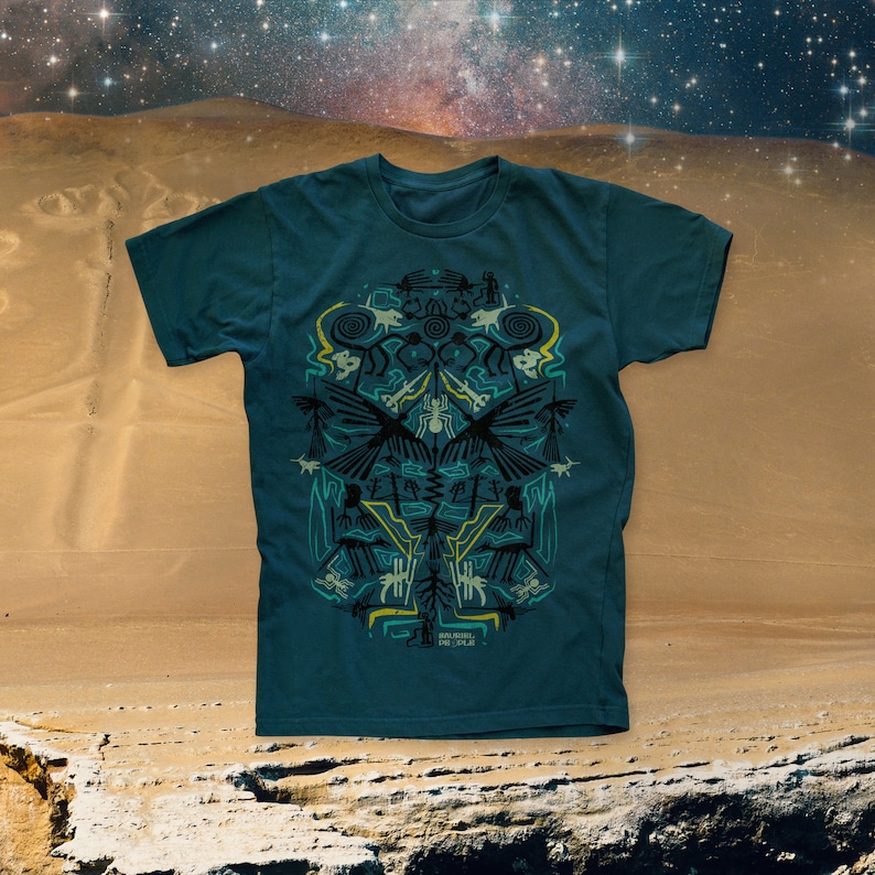 Nazca Line Maze 100% Organic cotton Sauriêl People T-Shirt Boho Festival Trippy Alien Psychedelic Eco Celestial Aztec image 2