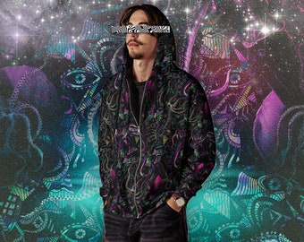 Psychedelic Cephalopod Trippy Tentacles Unisex Zip Hoodie by Sauriêl People - Vibrant All Over Print