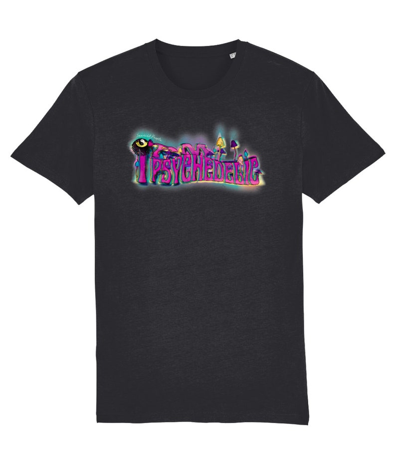 May include: Dark gray t-shirt with the word "I PSYCHEDELIC" in a colorful, psychedelic font. The design includes mushroom illustrations and a swirling, vibrant color scheme, creating a trippy aesthetic.