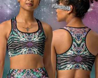 Psychedelic Cephalopods Paua Trip Sports Bra by Sauriêl People | Moisture-Wicking | Unique Print Design