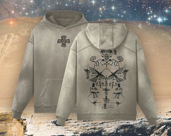 Nazca Line Maze 400GSM Unisex Super Heavyweight Sun Faded Hoodie by Sauriêl People | Alien | Psychedelic | Celestial | Psy Trance