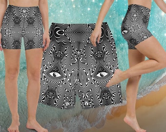 Yin Yang Black & White Trippy Yoga Shorts by Sauriêl People