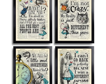 Alice in Wonderland Poster Set of 4 Prints Alice Quotes Wall Art Alice Wall Decor Best Friend Gift Sister Gift Print Set Alice Nursery 641