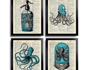 Octopus Art Print Set of 4 Prints Squid Gift Set Bathroom Wall Decor Sea Life Poster Octopus Nautical Squid Drawing Dictionary Art Print 589