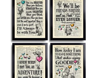 Winnie the Pooh Quotes Print Set of 4 Winnie the Pooh Wall Art Prints Winnie Pooh Gift Set Best Friend Gift Winnie Nursery Decor Set 606b