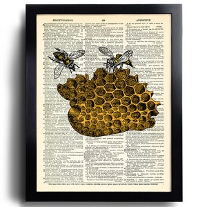 May include: A vintage illustration of a honeycomb with two bees on a page from an old dictionary. The honeycomb is yellow and the bees are black and yellow. The text on the page is in black and white.