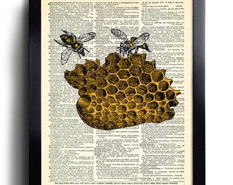 Bees Bee Art Print Vintage Book Page Print Upcycled Vintage Dictionary Page Collage Bee Poster Bee Wall Art Bee Illustration Home Decor 014