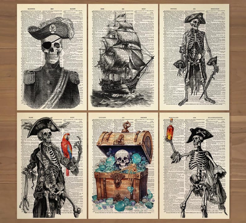 Zestaw 6 plakatów z piracką czaszką i szkieletem. Plakat z piracką czaszką w stylu vintage. Grafika piratów. Ilustracja czaszki w stylu wiktoriańskim. Dekoracja ścienna 862