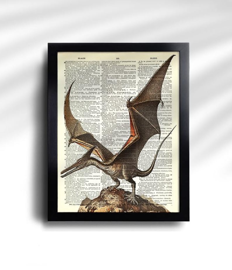 Puede incluir: Una impresi&oacute;n enmarcada que presenta una ilustraci&oacute;n detallada de un Pterod&aacute;ctilo, un reptil volador prehist&oacute;rico, sobre un fondo de p&aacute;ginas de diccionario vintage. La obra de arte muestra la criatura en tonos marrones, con toques de rojo, y est&aacute; encerrada en un marco negro.