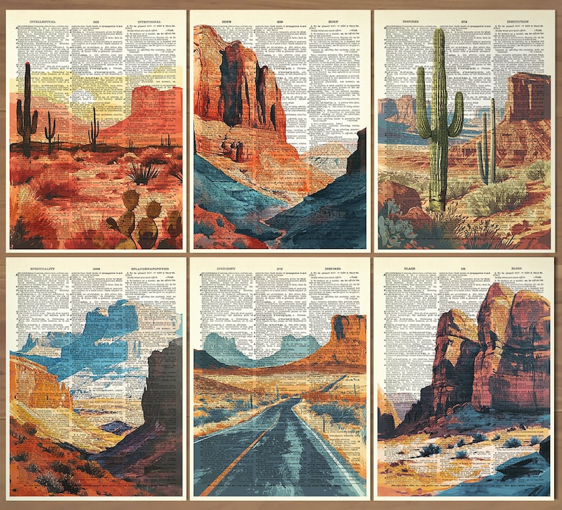 Puede incluir: Seis ilustraciones de estilo vintage de paisajes des&eacute;rticos impresas en p&aacute;ginas de diccionario. Las ilustraciones presentan formaciones rocosas rojas, cactus y un camino serpenteando por el desierto.