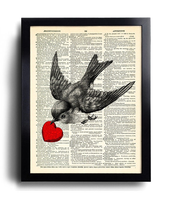 ART PRINT ON ORIGINAL ANTIQUE BOOK PAGE Dictionary Heart Swallows Sister Picture