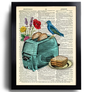 Vintage Toaster Print Kitchen Poster Bird Kitchen Decor Foodie Gift Toaaster illustration Kitchen Wall Decor Breakfast Restaurant Decor 676