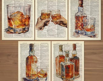 Whiskey Glass Print Set of 5 Whiskey Glass Poster Whiskey Bottle Wall Art Kitchen Decor Whiskey Bar Gallery Retro Whiskey Glass Poster 861