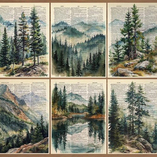 Lot de 6 oeuvres d'art murales paysage, impression d'art mural montagne, pin, impression pin, affiche branche, impression paysage, pin, impression murale, décoration montagne, 859