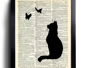 Silhouette Cat Butterfly Art Print Vintage Dictionary Cat Artwork, Cat Wall Decor, Anniversary Gift, Cat Painting, Cat Poster Art 275
