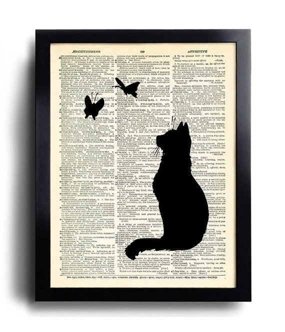 Silhouette Katze Schmetterling Kunstdruck Vintage Worterbuch Etsy