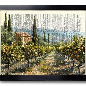 May include: Framed art print featuring a landscape scene of an orange grove with a stone house in the background. The artwork is printed on a vintage book page, and the frame is black.