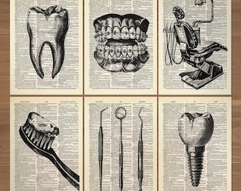 Juego de 6 impresiones de dentista, arte de pared de dentista, decoración de consultorio dental, póster de dentista vintage, regalos de dentista, póster de cepillo de dientes, impresión de diente de dentista 845