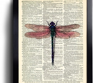 Dragonfly Art Print Vintage Book Print Upcycled Vintage Dictionary Page Collage Repurposed Book Upcycled Dictionary 302