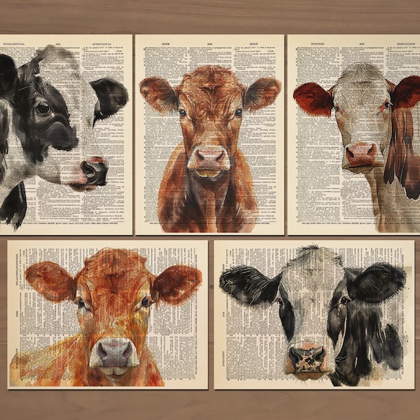 Set di 5 stampe di mucche, poster di mucche, dipinti di mucche, stampe artistiche di mucche, regali di mucche, decorazioni murali per fattoria di mucche, stampe di mucche di campagna, immagine di mucca Holstein 761