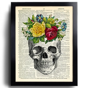 Skull Art Print Rose Roses Flowers, Anniversary Gift, Dictionary Art Print, Red Roses Wall Decor, Skull Poster Artwork, Cool Bedroom Art 483