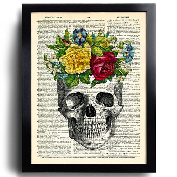 Skull Art Print Rose Roses Flowers, Anniversary Gift, Dictionary Art Print, Red Roses Wall Decor, Skull Poster Artwork, Cool Bedroom Art 483