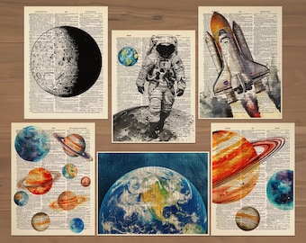 Space Prints set of 6 Outer Space Poster Space Nursery Wall Art Space Educational Poster Rocket Ship Wall Art Space Planet Moon Prints 750