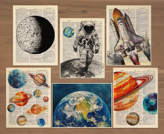 Space Prints set of 6 Outer Space Poster Space Nursery Wall Art Space Educational Poster Rocket Ship Wall Art Space Planet Moon Prints 750