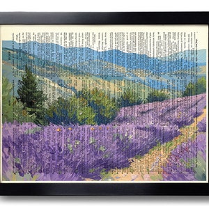May include: A painting of a lavender field with a mountain range in the background. The painting is done in a style that resembles a book page with text.