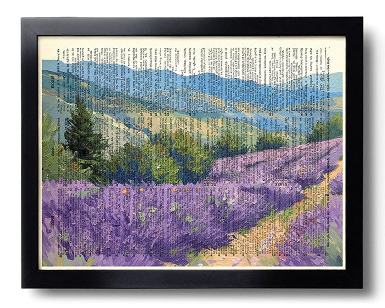 May include: A painting of a lavender field with a mountain range in the background. The painting is done in a style that resembles a book page with text.