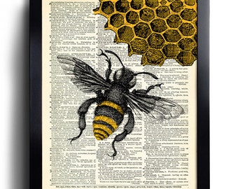 Bees Bee Art Print Vintage Book Print Upcycled Vintage Dictionary Page Collage Repurposed   Book Upcycled Dictionary 411