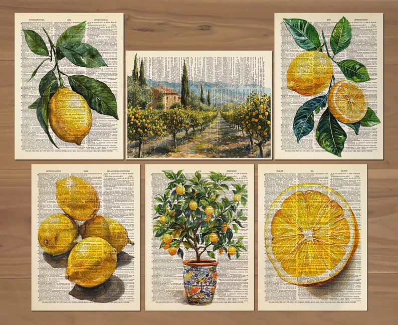 May include: Set of six vintage-style prints featuring lemons and lemon trees. The prints include watercolor illustrations of lemons on branches, a lemon tree in a decorative pot, and a landscape with lemon trees. The backgrounds are pages from an old dictionary.