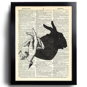 Hand Shadow Rabbit Art Print on Antique Dictionary Page, Decorative Artwork, Living Room Wall Decor, Unique Art Decals, Gift for Wife 523