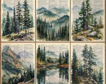 Set di 6 stampe murali paesaggistiche e di montagna, stampe di pini, poster di pini, stampe di paesaggi con rami, decorazioni con pini e montagne 0859
