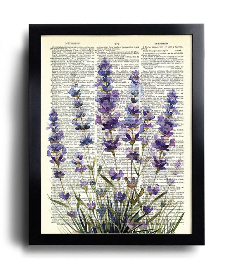 May include: A watercolor painting of purple lavender flowers on a vintage book page. The text on the page is visible and includes the words "INFINITY" and "INSPIRED".