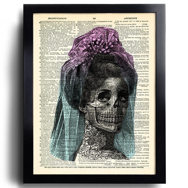 Sugar Skull Lady Art Print , Mexican Skull Poster, Vintage Art Print, Gothic Bedroom Decor,Skeleton Dictionary Artwork 397