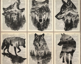 Wolf Print Set 6 Wolf Poster Wolf  Wall Art Wolf Painting Wolf Gifts Wolf Art Print Gift Set of Wolf Posters Vintage Wolf Print 780