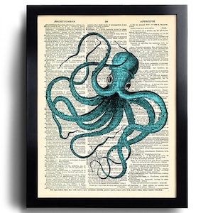 Octopus Squid Art Print, Bathroom Wall Decor,Squid Drawing, Sea Life Poster, Octopus Painting, Dictionary Art Print, Sea Art 151