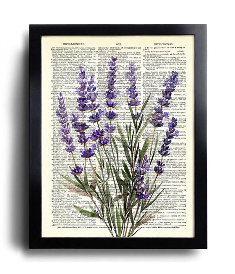 May include: A watercolor painting of lavender flowers on a vintage dictionary page. The page features the words "intellectual" and "intentional".